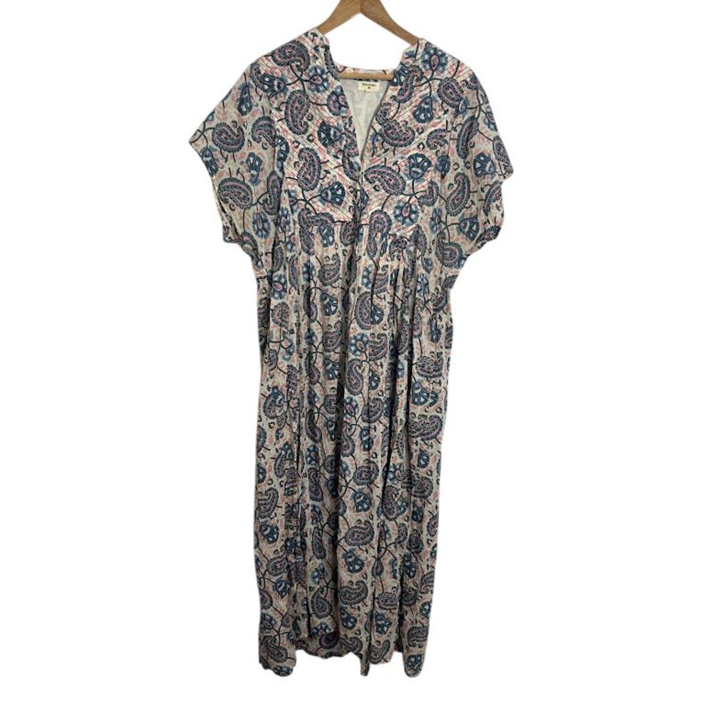 World Market Paisley Cotton Kaftan Maxi Dress L/XL Boho India Long Short Sleeve